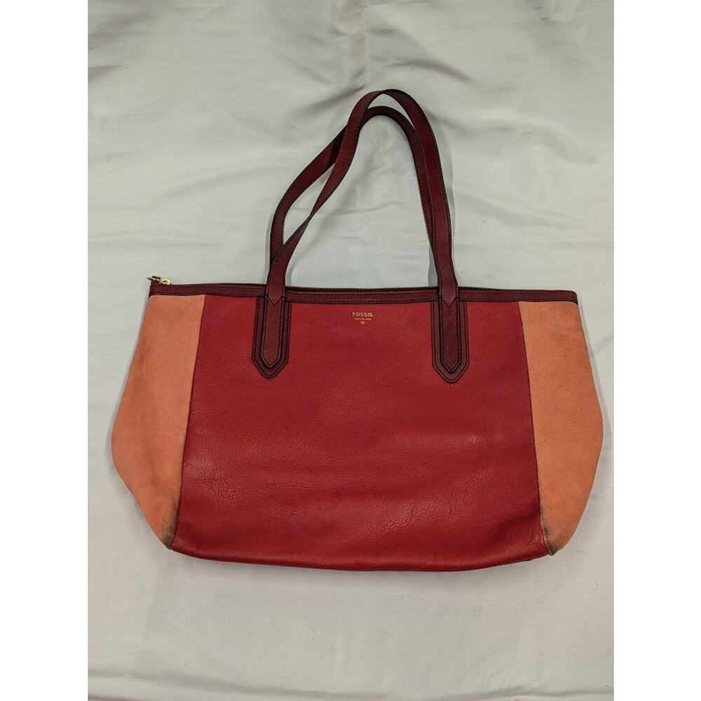 FOSSIL Sydney Zip Top Tote Leather Large Shoulder Bag Tote Two Tone Red